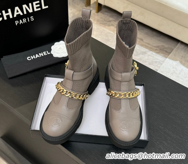 Super Quality Chanel Knit & Calfskin Leather Ankle Boots with Chain Grey 2025 CH110406 1104041