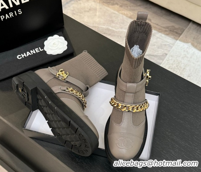 Super Quality Chanel Knit & Calfskin Leather Ankle Boots with Chain Grey 2025 CH110406 1104041