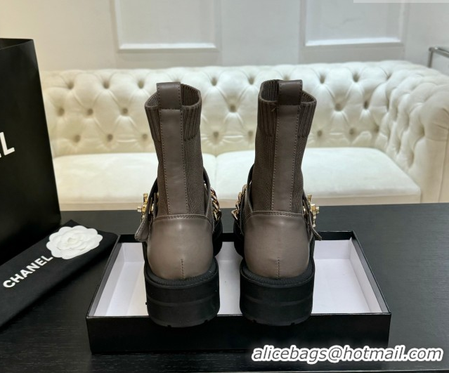 Super Quality Chanel Knit & Calfskin Leather Ankle Boots with Chain Grey 2025 CH110406 1104041