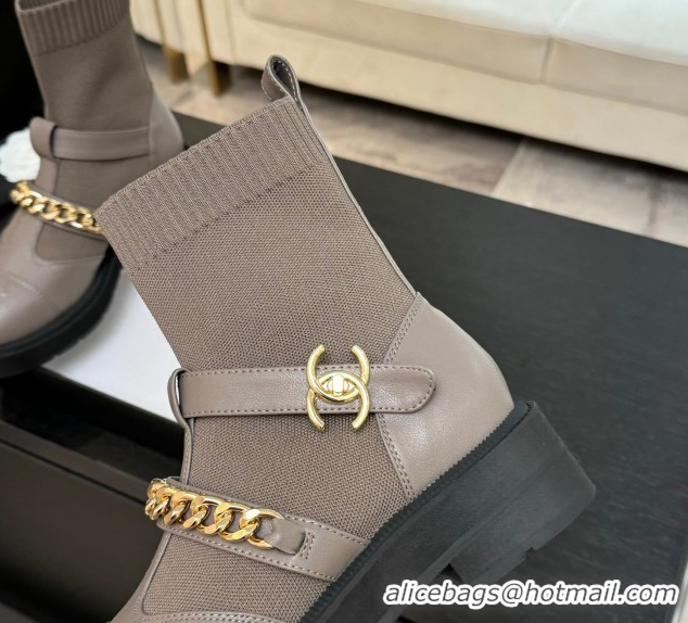 Super Quality Chanel Knit & Calfskin Leather Ankle Boots with Chain Grey 2025 CH110406 1104041