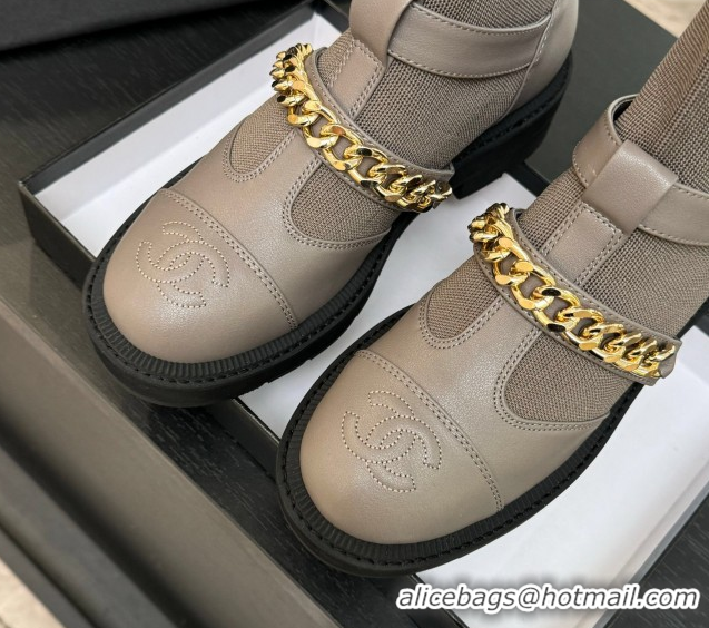 Super Quality Chanel Knit & Calfskin Leather Ankle Boots with Chain Grey 2025 CH110406 1104041