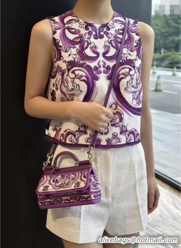 Top Grade Dolce&Gabbana Small Sicily Handbag with Majolica Embroidery D0401 Purple 2025