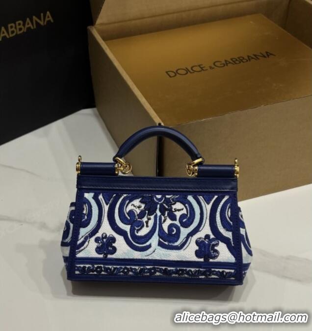 Big Discount Dolce&Gabbana Small Sicily Handbag with Majolica Embroidery D0401 Blue 2025