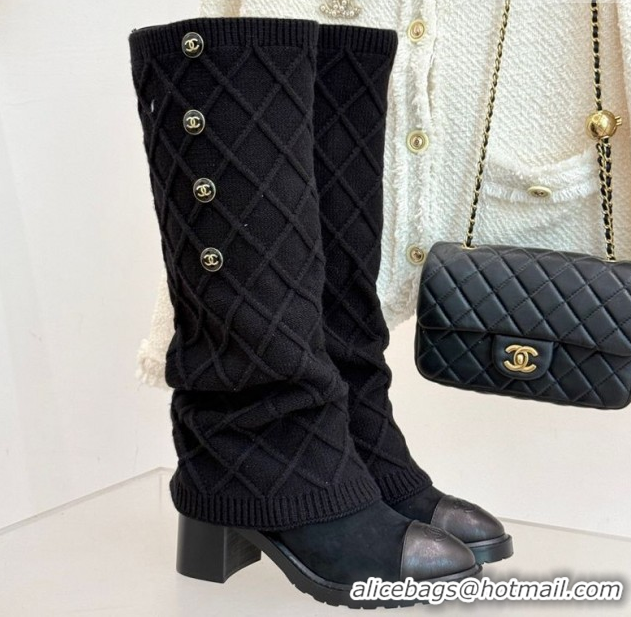 Best Price Chanel Knit, Suede & Calfskin Leather Heel High Boots Black 2025 CH110407 51104042