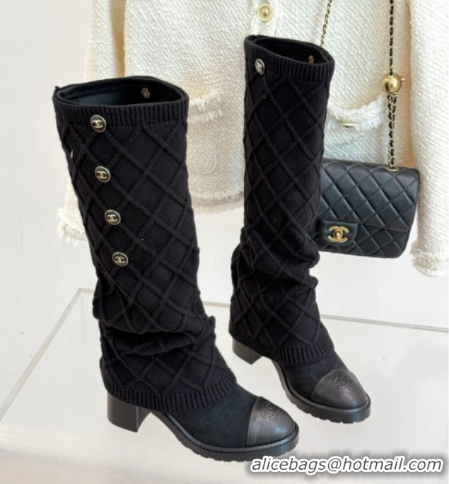Best Price Chanel Knit, Suede & Calfskin Leather Heel High Boots Black 2025 CH110407 51104042