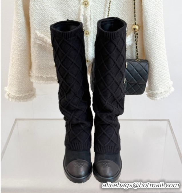 Best Price Chanel Knit, Suede & Calfskin Leather Heel High Boots Black 2025 CH110407 51104042