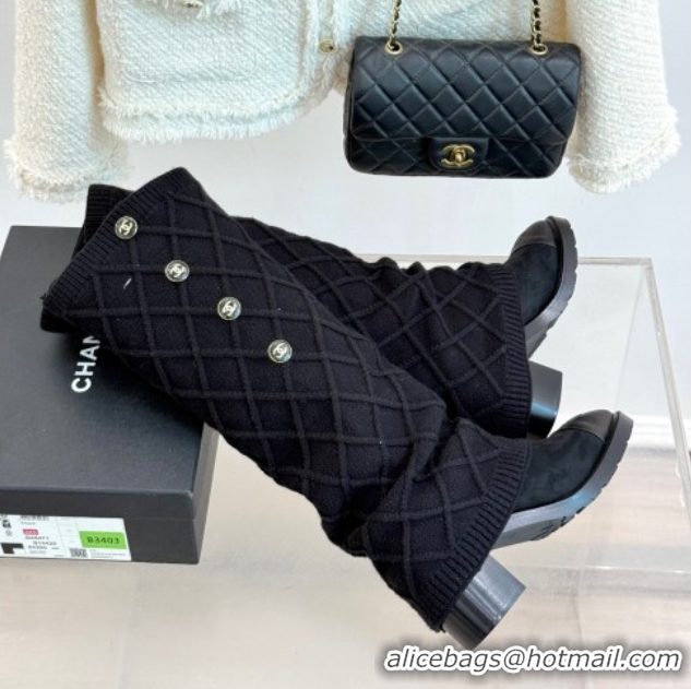 Best Price Chanel Knit, Suede & Calfskin Leather Heel High Boots Black 2025 CH110407 51104042