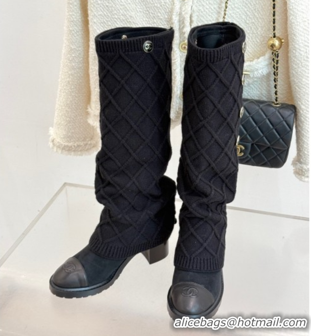 Best Price Chanel Knit, Suede & Calfskin Leather Heel High Boots Black 2025 CH110407 51104042