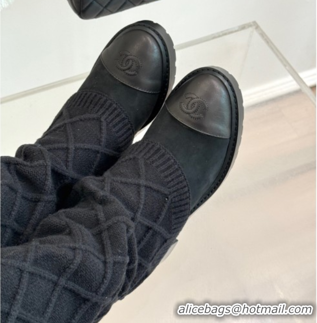 Best Price Chanel Knit, Suede & Calfskin Leather Heel High Boots Black 2025 CH110407 51104042