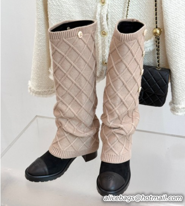 Unique Style Chanel Knit, Suede & Calfskin Leather Heel High Boots Beige 2025 CH110407 1104043