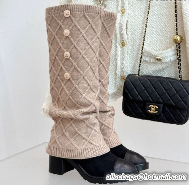 Unique Style Chanel Knit, Suede & Calfskin Leather Heel High Boots Beige 2025 CH110407 1104043