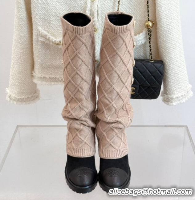 Unique Style Chanel Knit, Suede & Calfskin Leather Heel High Boots Beige 2025 CH110407 1104043