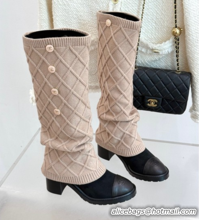 Unique Style Chanel Knit, Suede & Calfskin Leather Heel High Boots Beige 2025 CH110407 1104043