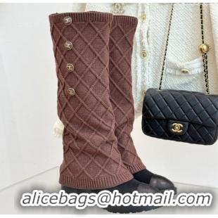 Good Looking Chanel Knit, Suede & Calfskin Leather Heel High Boots Brown 2025 CH110407 1104044