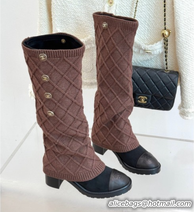 Good Looking Chanel Knit, Suede & Calfskin Leather Heel High Boots Brown 2025 CH110407 1104044