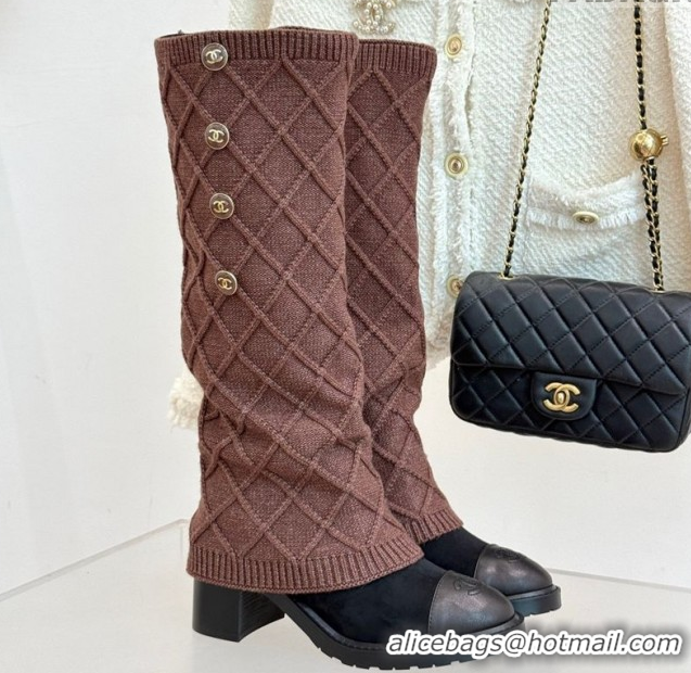 Good Looking Chanel Knit, Suede & Calfskin Leather Heel High Boots Brown 2025 CH110407 1104044