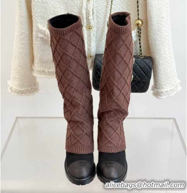 Good Looking Chanel Knit, Suede & Calfskin Leather Heel High Boots Brown 2025 CH110407 1104044