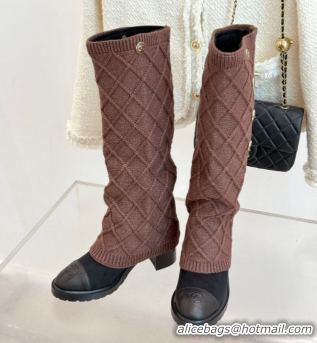 Good Looking Chanel Knit, Suede & Calfskin Leather Heel High Boots Brown 2025 CH110407 1104044