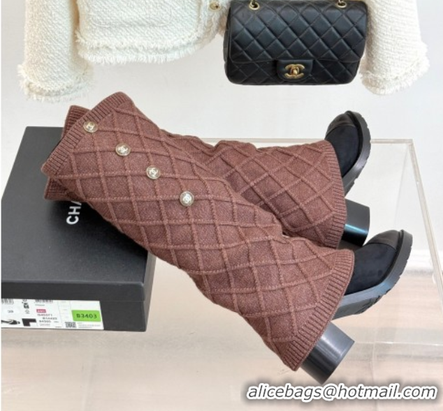 Good Looking Chanel Knit, Suede & Calfskin Leather Heel High Boots Brown 2025 CH110407 1104044