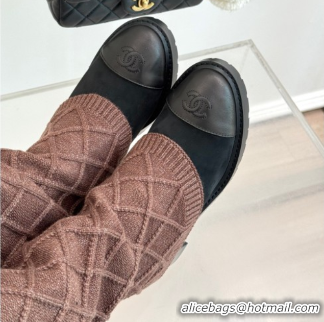 Good Looking Chanel Knit, Suede & Calfskin Leather Heel High Boots Brown 2025 CH110407 1104044