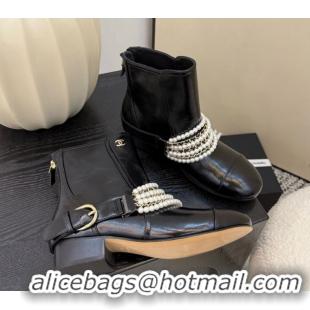 Top Design Chanel Patent Leather Ankle Boots with Pearls Black 2025 CH110408 1104045