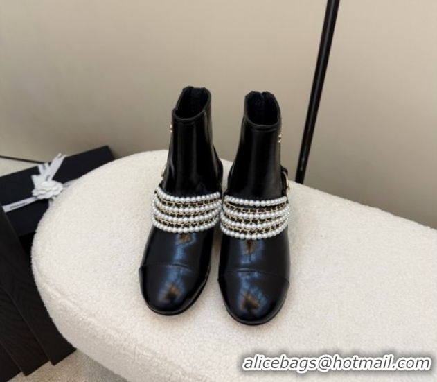 Top Design Chanel Patent Leather Ankle Boots with Pearls Black 2025 CH110408 1104045