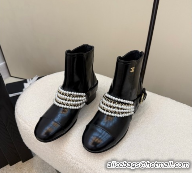 Top Design Chanel Patent Leather Ankle Boots with Pearls Black 2025 CH110408 1104045