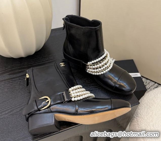 Top Design Chanel Patent Leather Ankle Boots with Pearls Black 2025 CH110408 1104045
