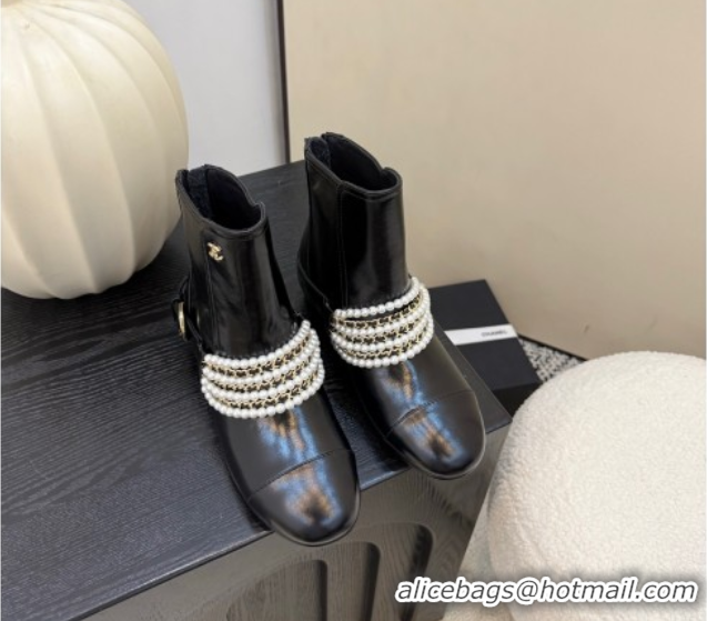 Top Design Chanel Patent Leather Ankle Boots with Pearls Black 2025 CH110408 1104045