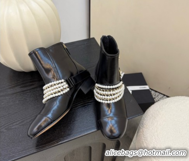 Top Design Chanel Patent Leather Ankle Boots with Pearls Black 2025 CH110408 1104045