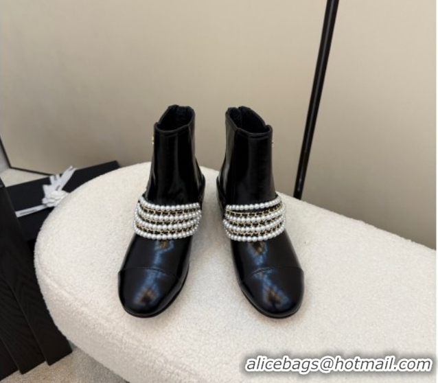 Top Design Chanel Patent Leather Ankle Boots with Pearls Black 2025 CH110408 1104045