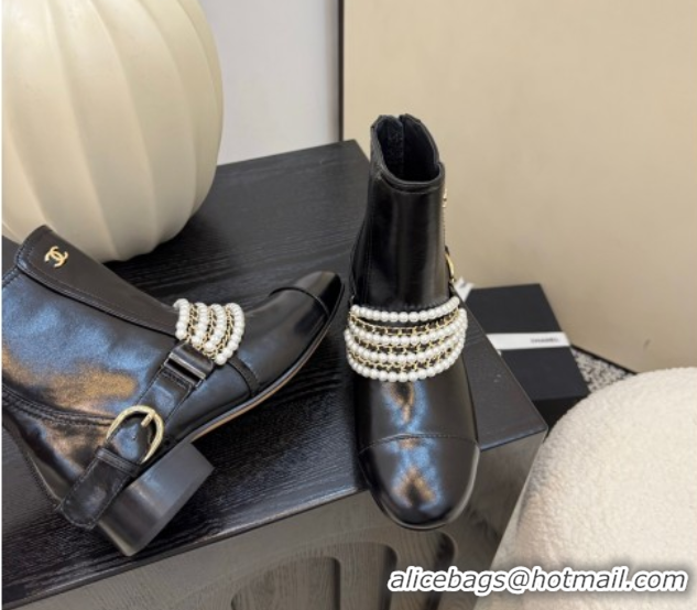 Top Design Chanel Patent Leather Ankle Boots with Pearls Black 2025 CH110408 1104045