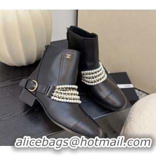 Good Quality Chanel Calfskin Leather Ankle Boots with Pearls Black 2025 CH110408 1104046