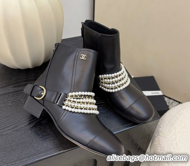 Good Quality Chanel Calfskin Leather Ankle Boots with Pearls Black 2025 CH110408 1104046