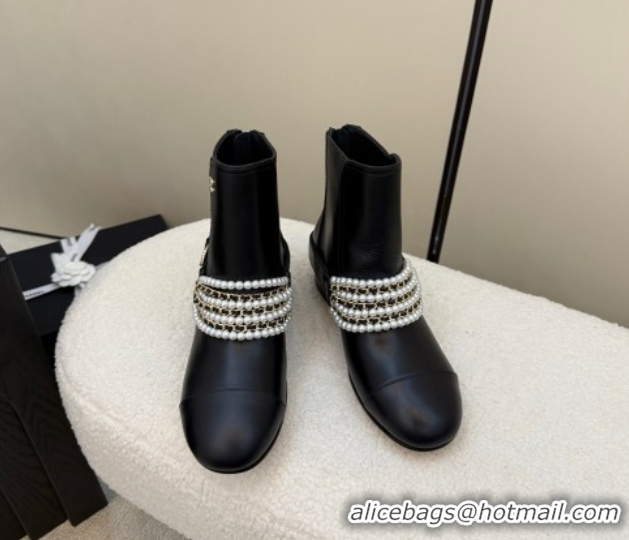 Good Quality Chanel Calfskin Leather Ankle Boots with Pearls Black 2025 CH110408 1104046