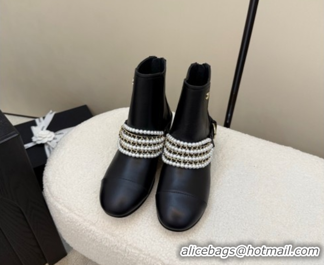 Good Quality Chanel Calfskin Leather Ankle Boots with Pearls Black 2025 CH110408 1104046