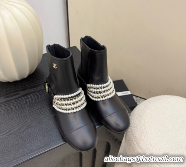Good Quality Chanel Calfskin Leather Ankle Boots with Pearls Black 2025 CH110408 1104046