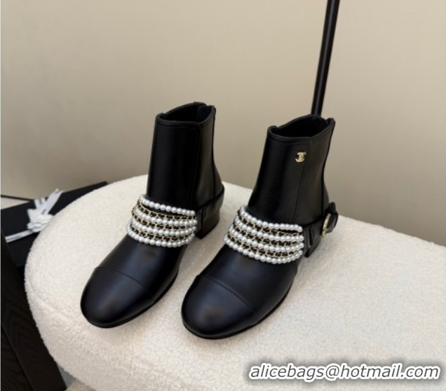 Good Quality Chanel Calfskin Leather Ankle Boots with Pearls Black 2025 CH110408 1104046
