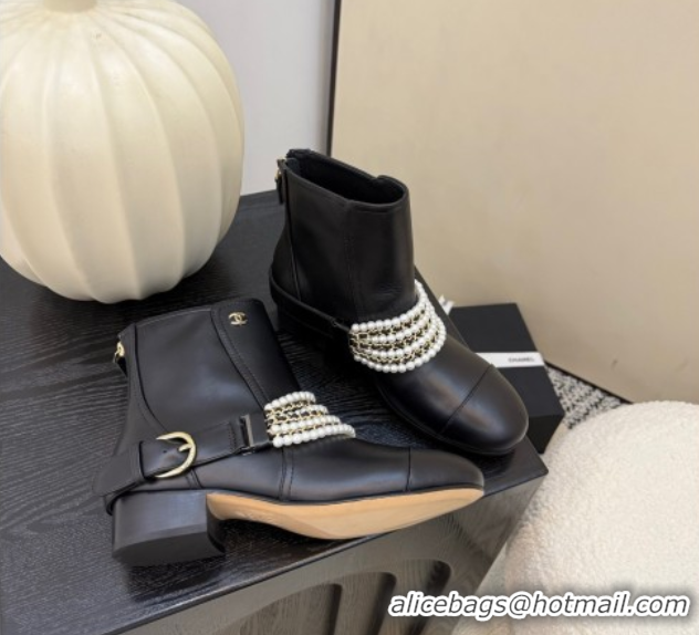 Good Quality Chanel Calfskin Leather Ankle Boots with Pearls Black 2025 CH110408 1104046