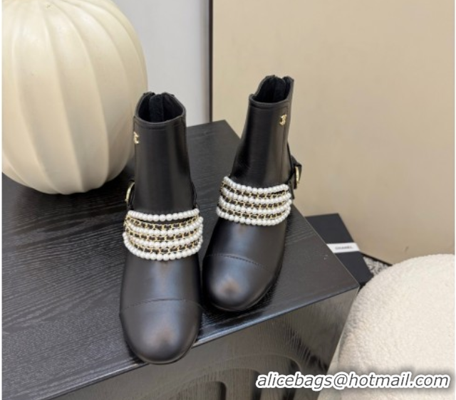 Good Quality Chanel Calfskin Leather Ankle Boots with Pearls Black 2025 CH110408 1104046