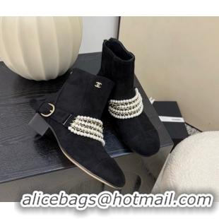 Purchase Chanel Suede Ankle Boots with Pearls Black 2025 CH110408 1104047
