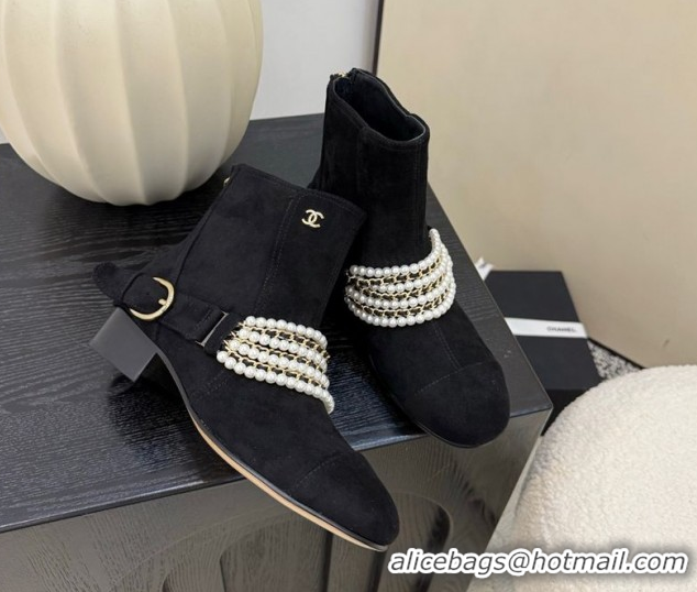 Purchase Chanel Suede Ankle Boots with Pearls Black 2025 CH110408 1104047
