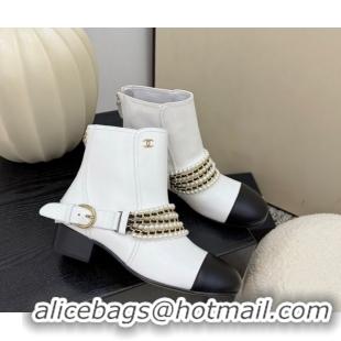 Best Product Chanel Calfskin Leather Ankle Boots with Pearls White 2025 CH110408 1104048