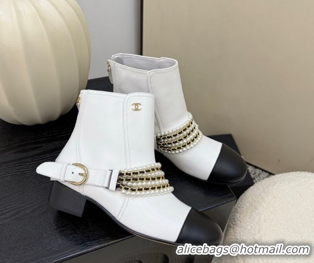 Best Product Chanel Calfskin Leather Ankle Boots with Pearls White 2025 CH110408 1104048
