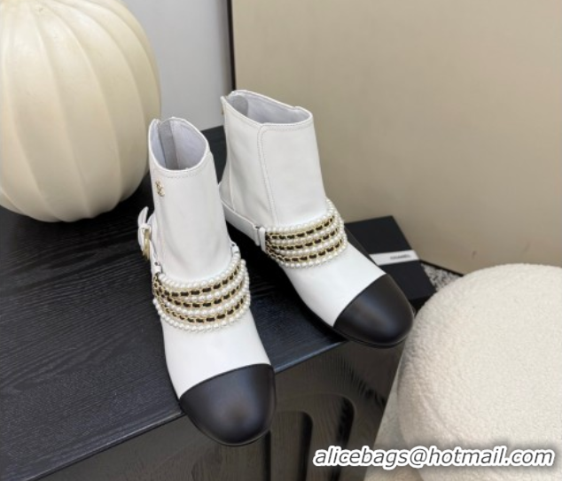 Best Product Chanel Calfskin Leather Ankle Boots with Pearls White 2025 CH110408 1104048
