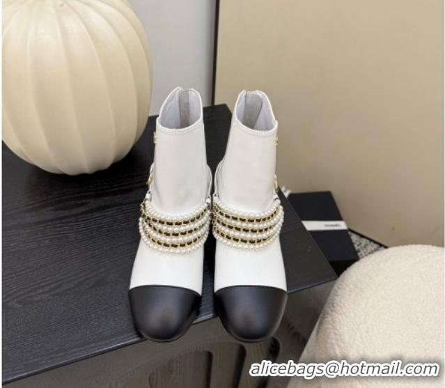 Best Product Chanel Calfskin Leather Ankle Boots with Pearls White 2025 CH110408 1104048