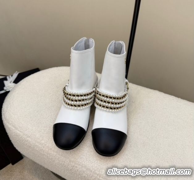 Best Product Chanel Calfskin Leather Ankle Boots with Pearls White 2025 CH110408 1104048