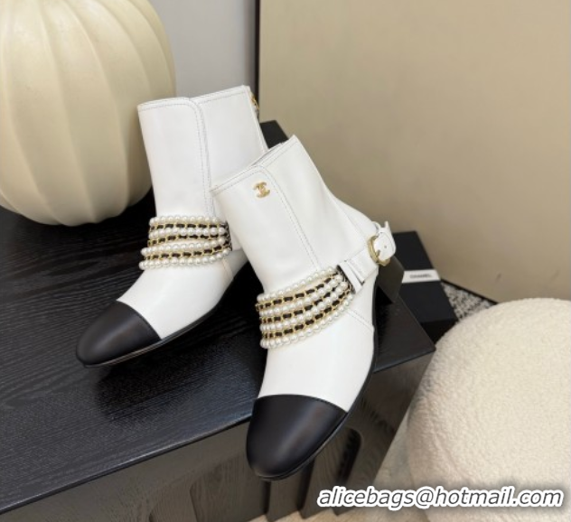 Best Product Chanel Calfskin Leather Ankle Boots with Pearls White 2025 CH110408 1104048