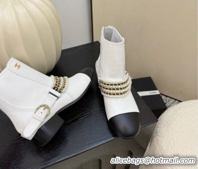 Best Product Chanel Calfskin Leather Ankle Boots with Pearls White 2025 CH110408 1104048