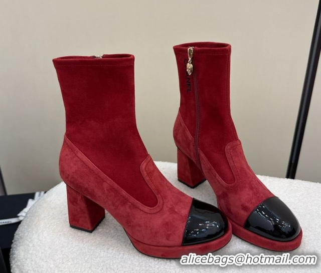 Luxurious Chanel Suede and Patent Leather Platform Ankle Boots Red 2025 CH110409 1104051